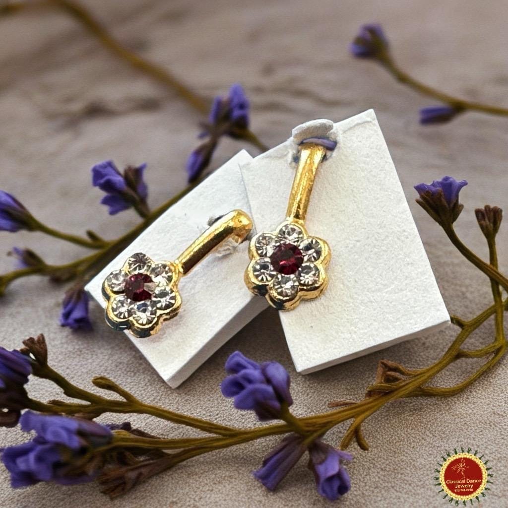 Classical Dance Jewelry Non Pierced Gold White Stone Maroon Flower Traditional Indian Jewelry Nose Pin | Weddings Bharatanatyam Kuchipudi | Classical Dance Jewelry