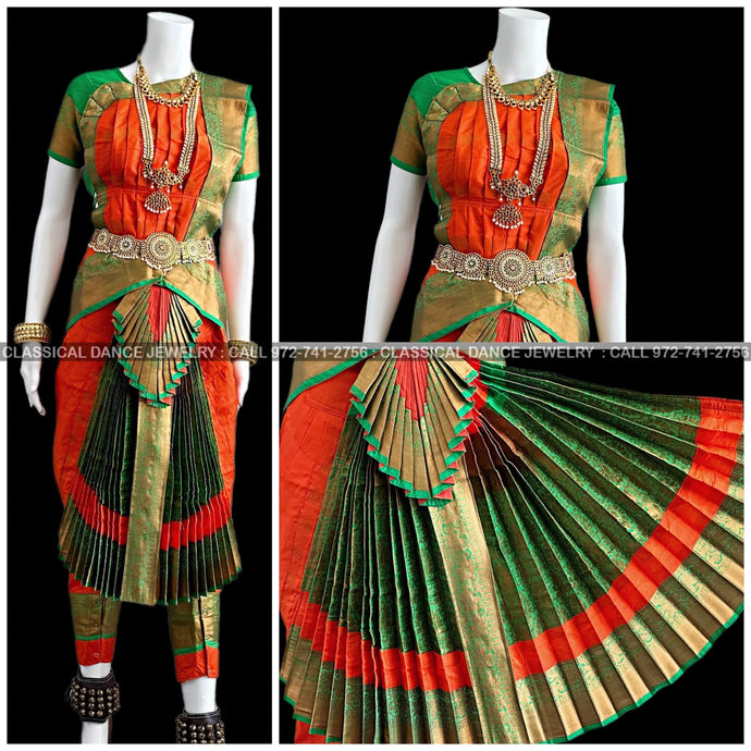 Dark Green and Orange Bharatanatyam Costume | Pranavam School Of Dance