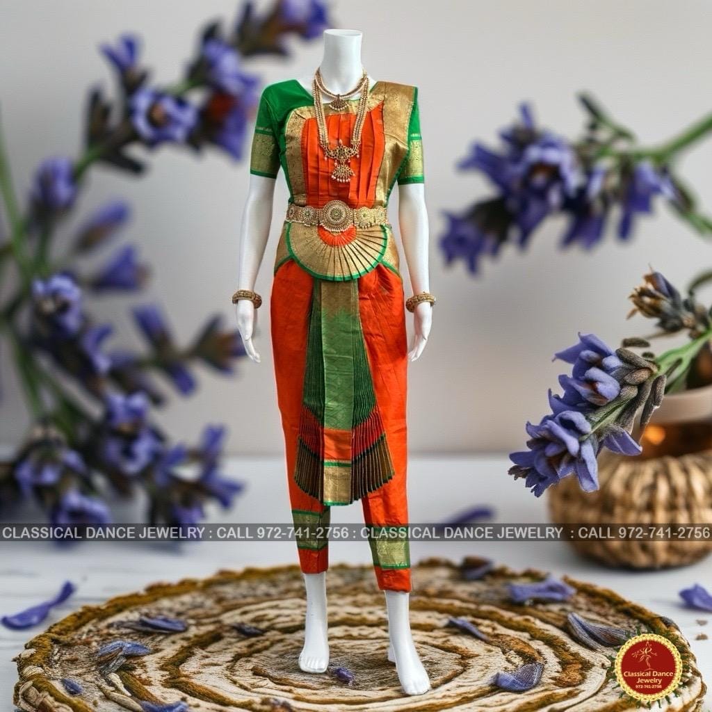 Classical Dance Jewelry ORANGE GREEN Magenta 34 inch Pant Length Bharatanatyam Gold Zari Dance Costume | Art silk Dharmavaram kanchi | Classical Dance Jewelry