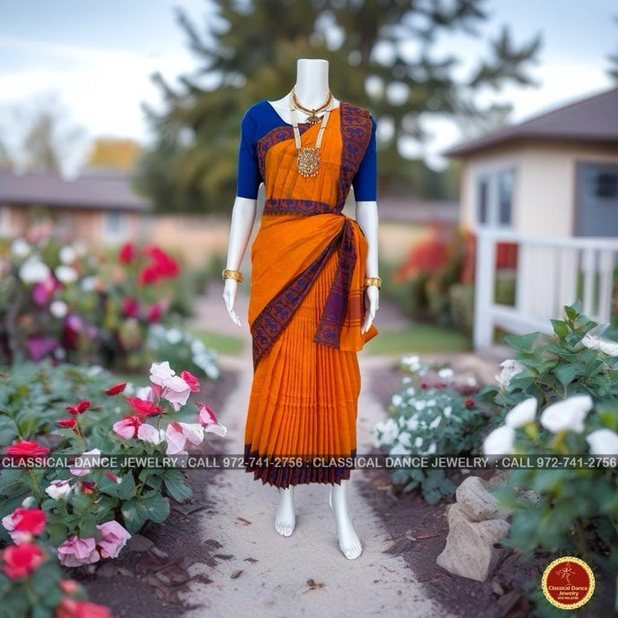 Classical Dance Jewelry ORANGE Pre-stitched Practice Sari BLUE Blouse | Half Saree Kalakshethra Bharatnatyam Kuchipudi | Classical Dance Jewelry