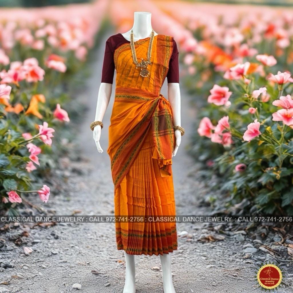 Classical Dance Jewelry ORANGE Pre-stitched Practice Sari MAROON Blouse | Half Saree Kalakshethra Sari | Bharatnatyam Kuchipudi Folk | Classical Dance Jewelry