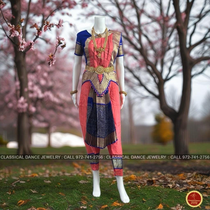 Classical Dance Jewelry PEACH ORANGE BLUE 36 inches Pant Length Bharatanatyam Gold Zari Dance Costume | Art silk Dharmavaram kanchi | Classical Dance Jewelry