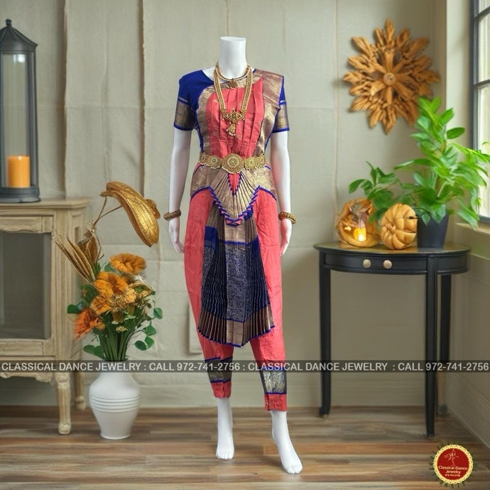 Classical Dance Jewelry PEACH ORANGE BLUE 38 Inch Pant Length Bharatanatyam Dance Costume | Gold Zari | Art Silk Dharmavaram Kanchi | Classical Dance Jewelry