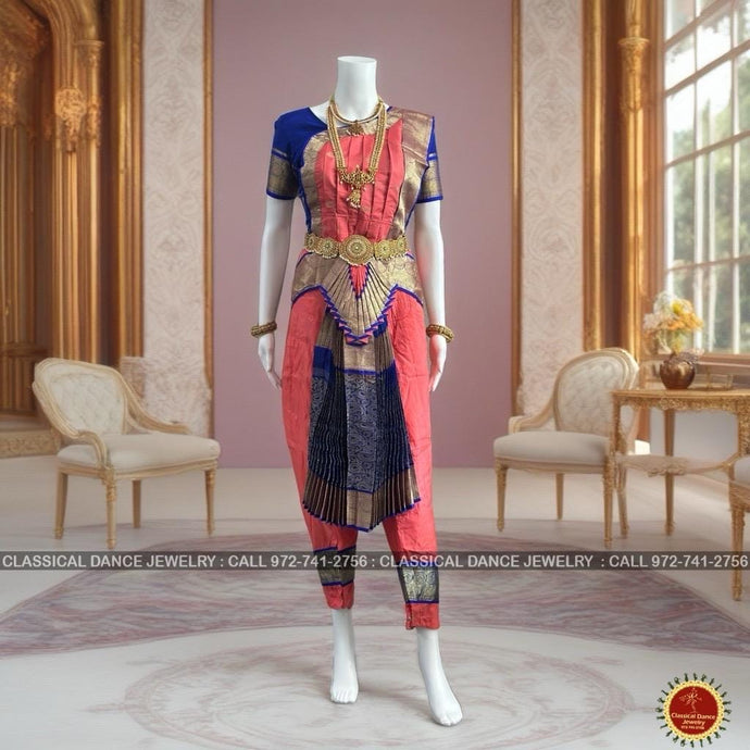 Classical Dance Jewelry PEACH ORANGE BLUE 40 Inch Pant Length Bharatanatyam Dance Costume | Gold Zari | Art silk, Dharmavaram Kanchi | Classical Dance Jewelry