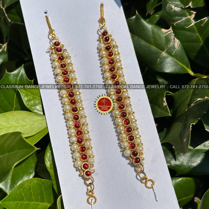Classical Dance Jewelry Pearls Kemp temple Indian Jewelry Mattilu | Ear Chain Matiz | Bharatnatyam, Kuchipudi, Weddings | Classical Dance Jewelry