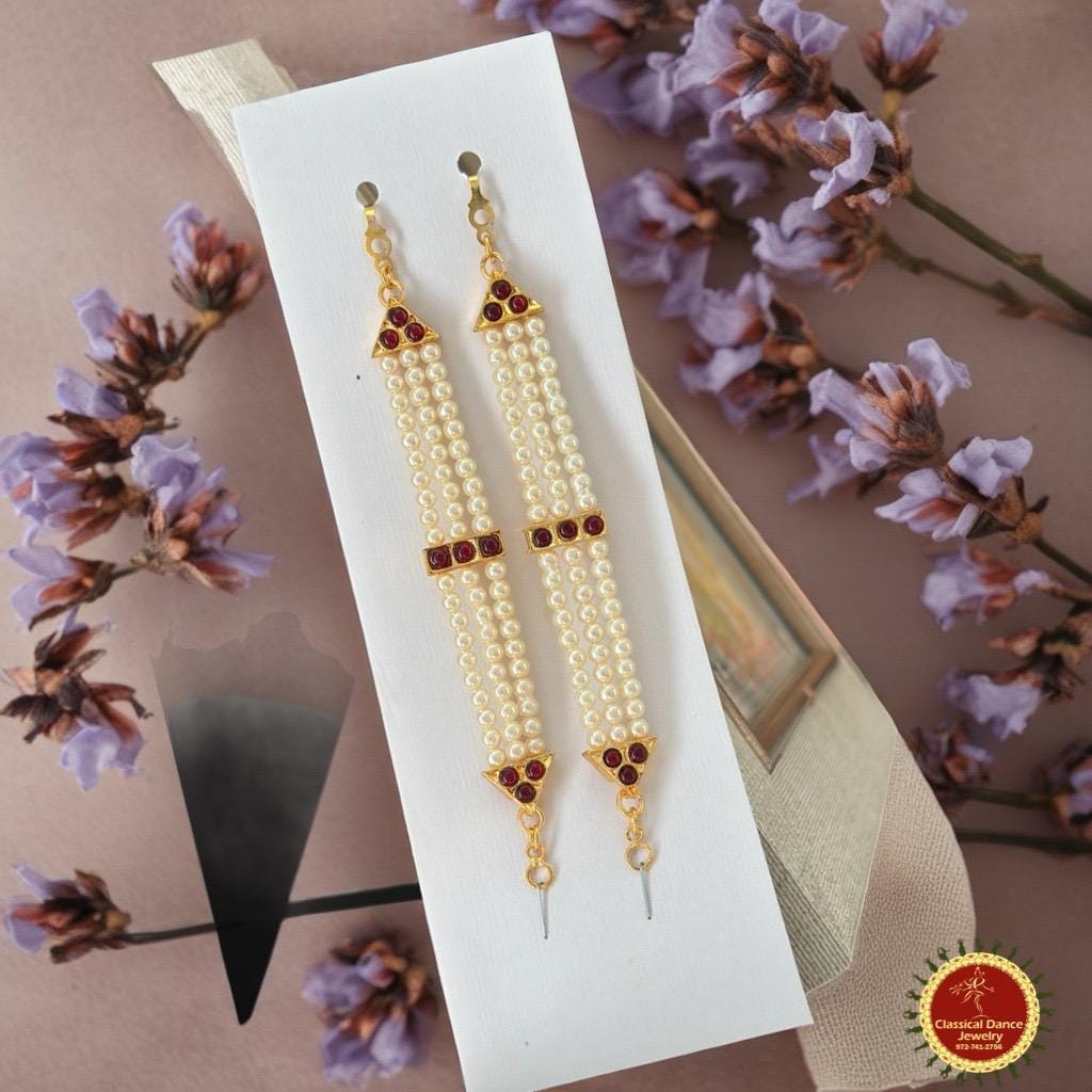 Classical Dance Jewelry Pearls Kemp temple Indian Jewelry Mattilu | ear chain/Matiz | Bharatnatyam, Kuchipudi, Weddings | Classical Dance Jewelry