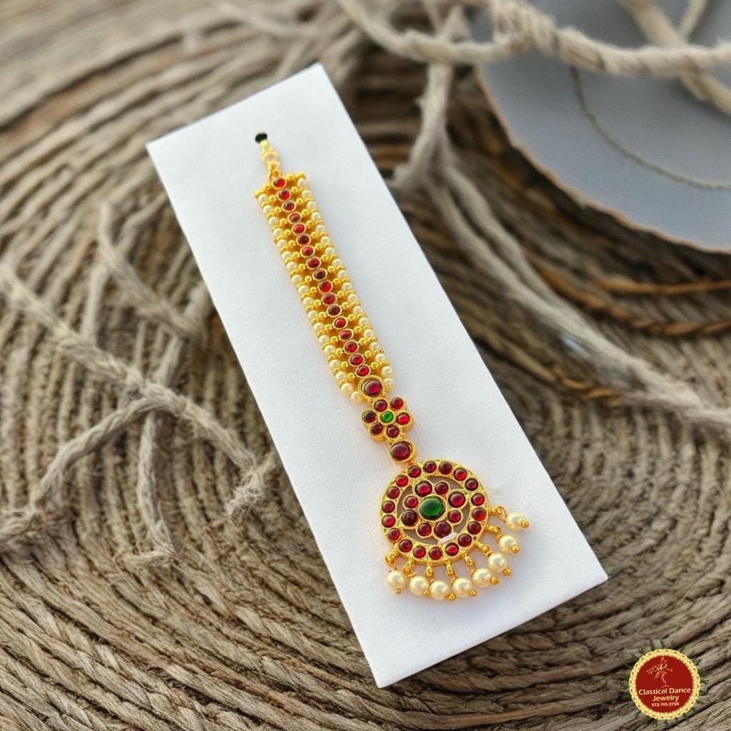Classical Dance Jewelry Pearls Round Tikka Kemp Gold Bead Temple Indian Jewelry | Bharatnatyam Kuchipudi Engagement, Weddings, Birthdays | Classical Dance Jewelry