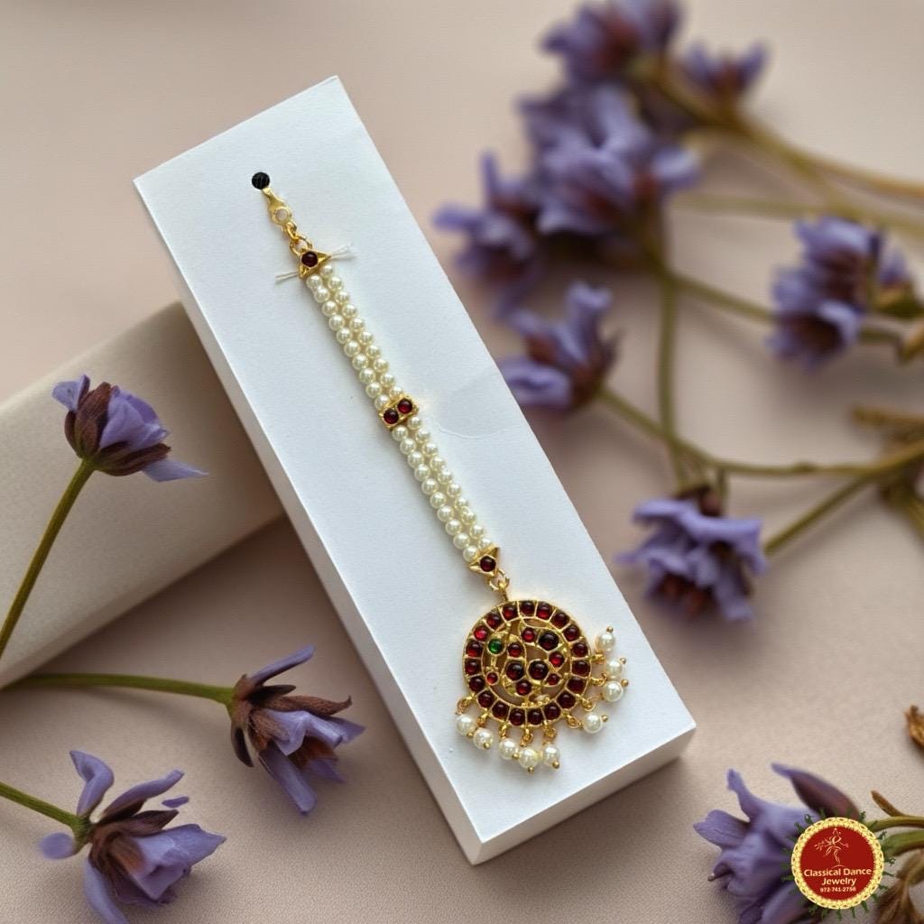 Classical Dance Jewelry Pearls Round Tikka Kemp temple Indian jewelry | Bharatnatyam, Kuchipudi, Engagement, Weddings, Birthdays | Classical Dance Jewelry