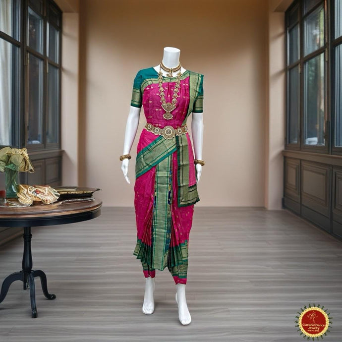 Classical Dance Jewelry PINK GREEN 38 Inch Pant length Kuchipudi GOLD Zari Indian Dance Costume | Paithani Art Silk Dharmavaram Kanchi | Classical Dance Jewelry