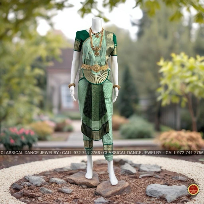 Classical Dance Jewelry PISTA Green DARK GREEN 34 inch Pant Length Bharatanatyam Gold Zari Dance Costume | Art silk, Dharmavaram Kanchi | Classical Dance Jewelry