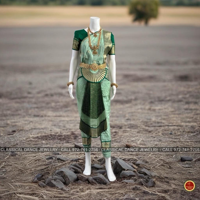 Classical Dance Jewelry PISTA Green DARK GREEN 36 inchs Pant Length Bharatanatyam Gold Zari Dance Costume | Art silk Dharmavaram kanchi | Classical Dance Jewelry