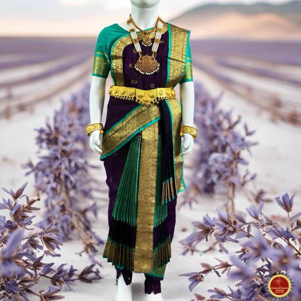 Classical Dance Jewelry PURPLE REXONA GREEN 30 Inch Pant Length Kuchipudi Gold Zari Dance Costume | Art silk Dharmavaram Kanchi | Classical Dance Jewelry