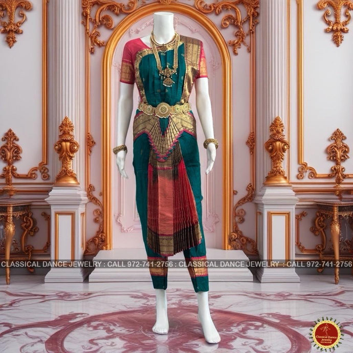 Classical Dance Jewelry RAMA GREEN BLUE Pink 36 inches Pant Length Bharatanatyam Gold Zari Dance Costume | Art silk Dharmavaram Kanchi | Classical Dance Jewelry