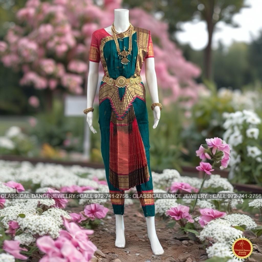 Classical Dance Jewelry RAMA GREEN BLUE Pink 38 Inch Pant Length Bharatanatyam Dance Costume | Gold Zari | Art Silk, Dharmavaram Kanchi | Classical Dance Jewelry