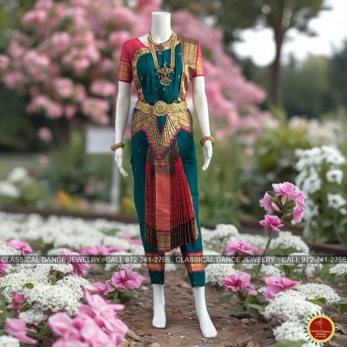 Classical Dance Jewelry RAMA GREEN BLUE Pink 38 Inch Pant Length Bharatanatyam Dance Costume | Gold Zari | Art Silk, Dharmavaram Kanchi | Classical Dance Jewelry