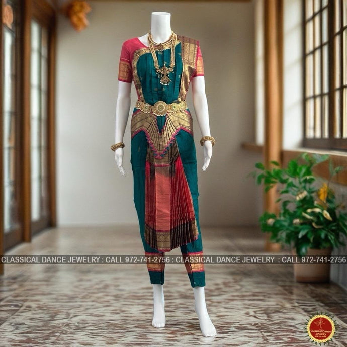 Classical Dance Jewelry RAMA GREEN BLUE Pink 40 Inches Pant Length Bharatanatyam Dance Costume | Gold Zari | Art silk, Dharmavaram Kanchi | Classical Dance Jewelry