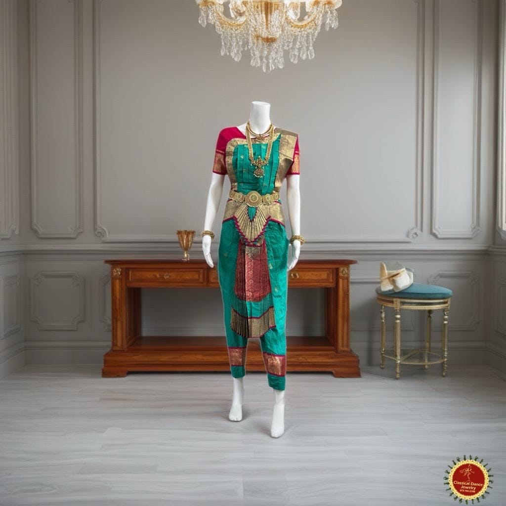 Classical Dance Jewelry RAMA GREEN PINK 34 inch Pant Length Bharatanatyam Gold Zari Dance Costume | Art silk, Dharmavaram Kanchi | Classical Dance Jewelry