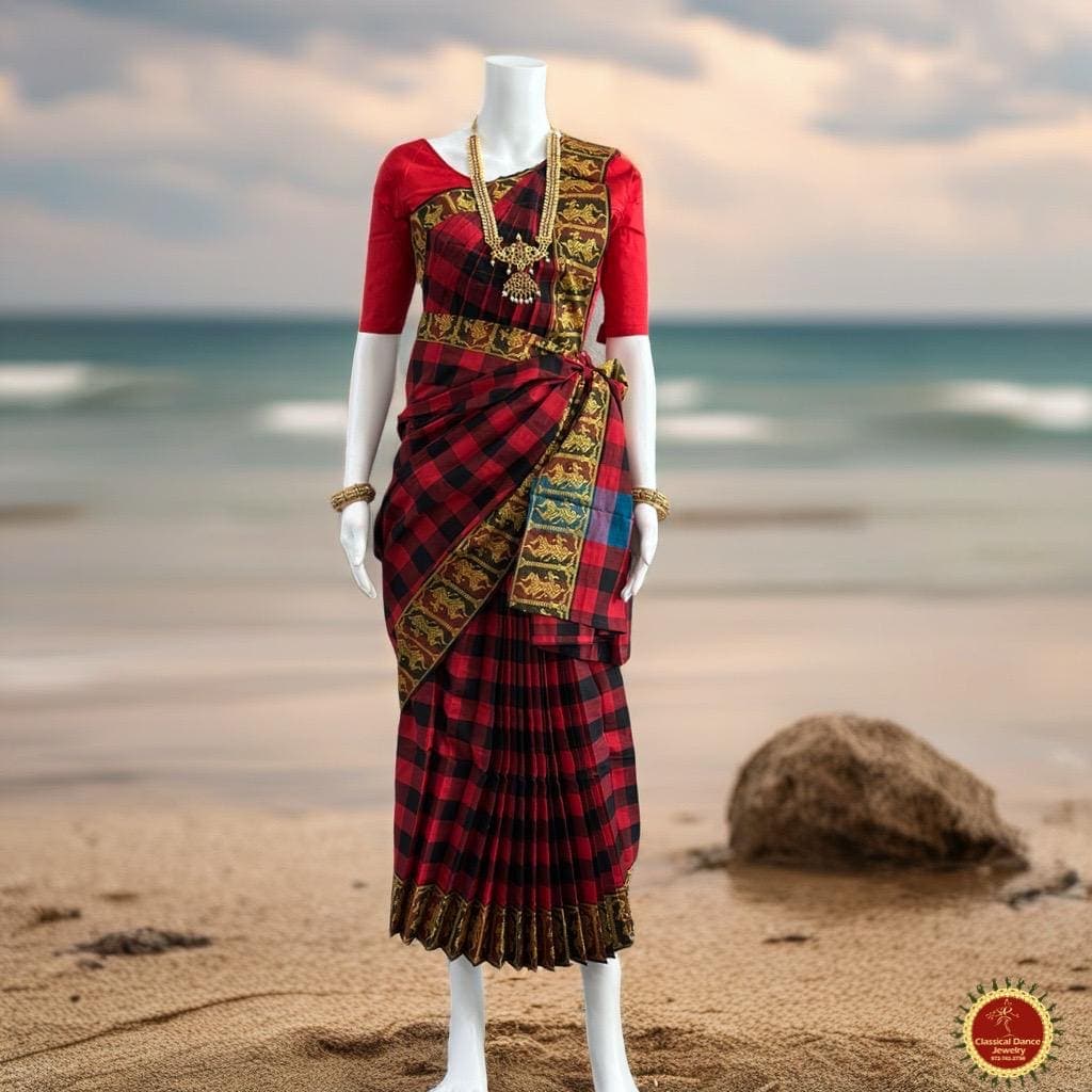 Classical Dance Jewelry RED BLACK CHECKS Pre-stitched Practice Sari Red Blouse | Half Saree Kalakshethra Sari | Bharatnatyam Kuchipudi | Classical Dance Jewelry