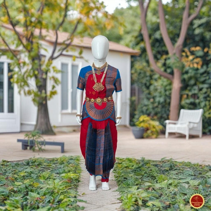 Classical Dance Jewelry RED BLUE 30 Inch Pant Length Bharatanatyam Copper Zari Dance Costume | Art silk Dharmavaram kanchi | Classical Dance Jewelry