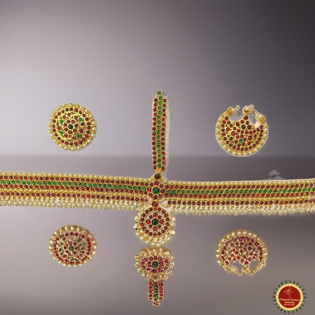 Classical Dance Jewelry Red GREEN STONE Temple Indian Jewelry Headset | Bharatnatyam, Kuchipudi, Weddings, Birthdays | Classical Dance Jewelry