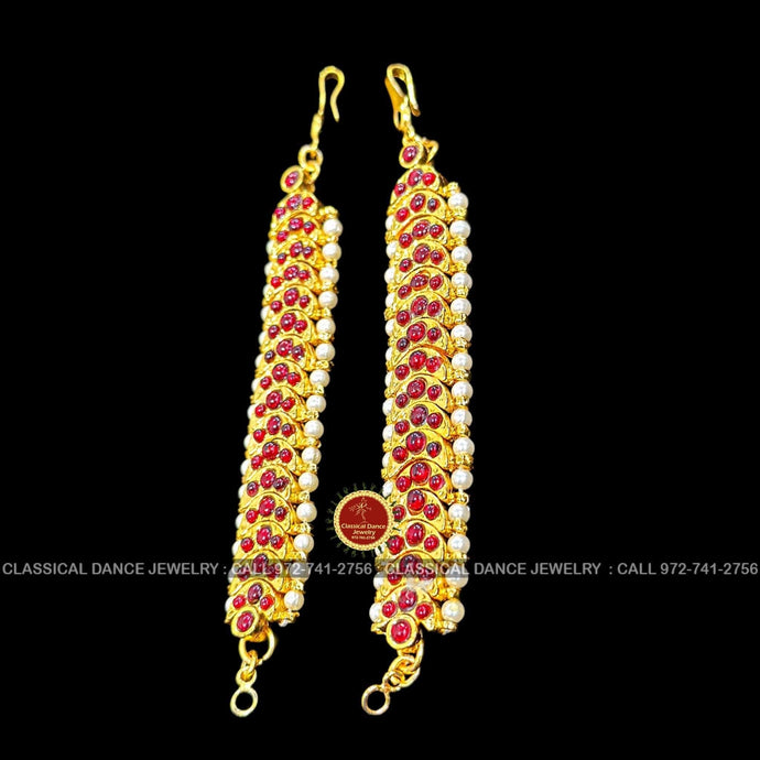 Classical Dance Jewelry Red Kemp temple Indian Jewelry Mattilu | Ear Chains | Bharatnatyam, Kuchipudi, Engagement, Weddings | Classical Dance Jewelry