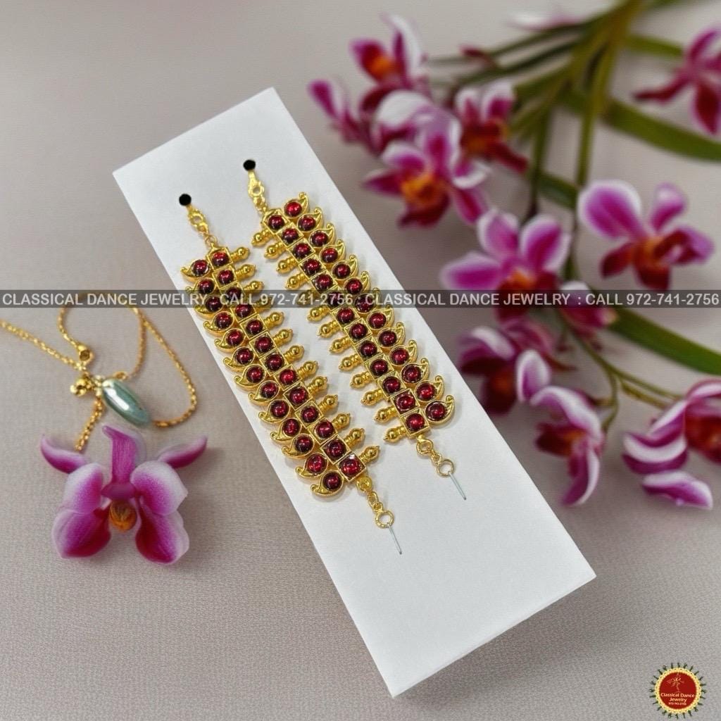 Classical Dance Jewelry Red Kemp temple Indian Jewelry Mattilu | Ear Chains | Bharatnatyam, Kuchipudi, Engagement, Weddings | Classical Dance Jewelry
