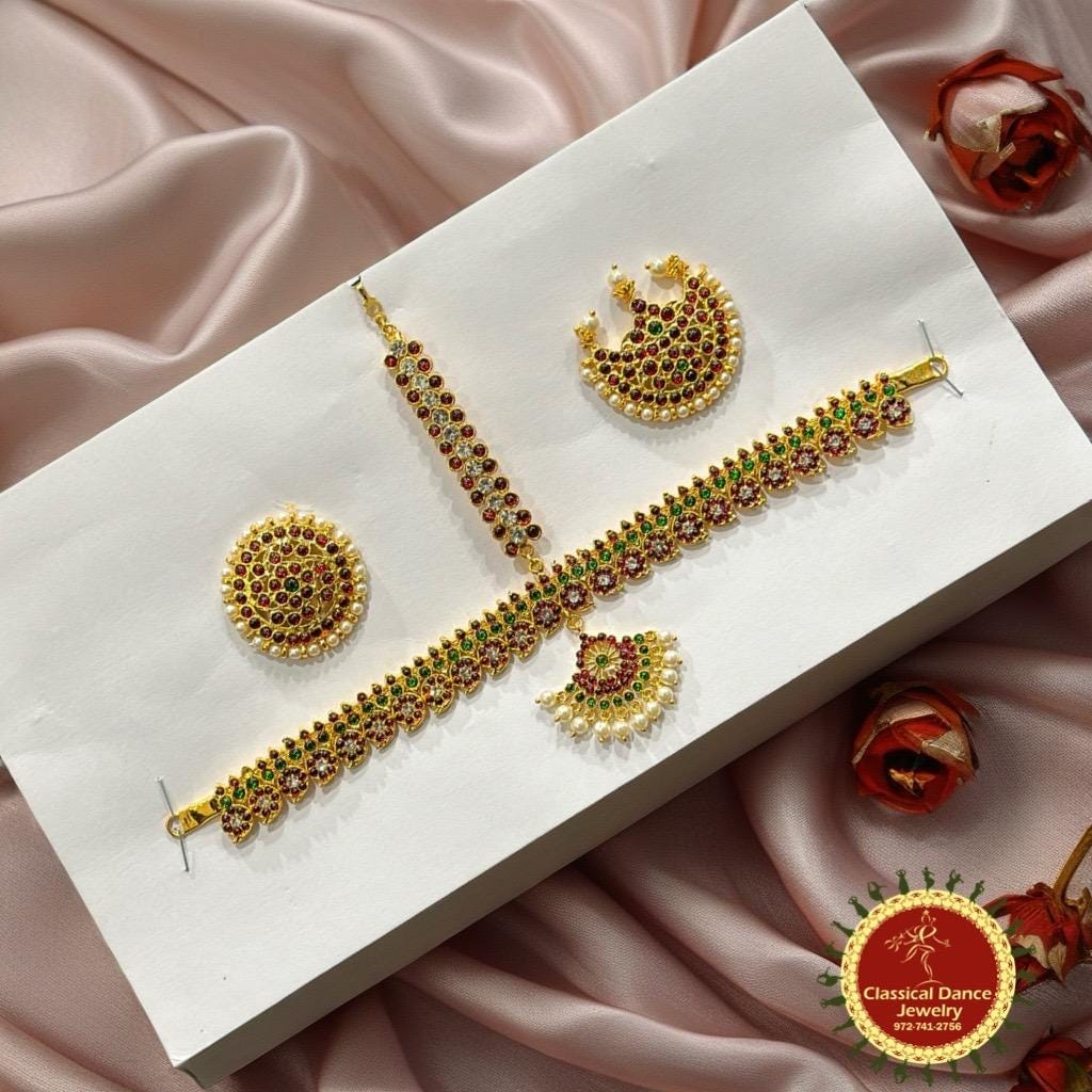 Classical Dance Jewelry Red KEMPU MANGO Temple Gold Indian Jewelry Headset Mathapatti | Bharatnatyam Kuchipudi Weddings Birthdays | Classical Dance Jewelry