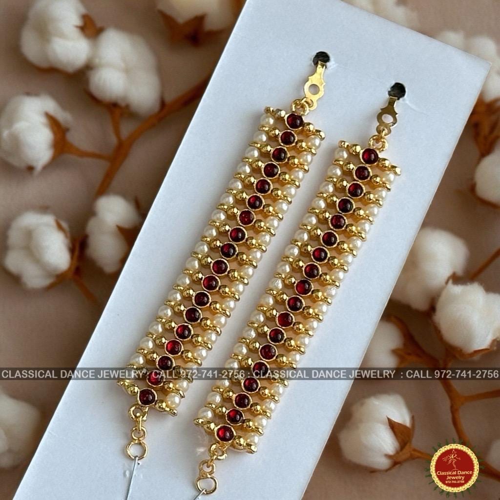 Classical Dance Jewelry Red Kempu Temple Indian Jewelry Traditional Mattilu | Ear Chains | Bharatnatyam Kuchipudi Engagement Wedding party | Classical Dance Jewelry