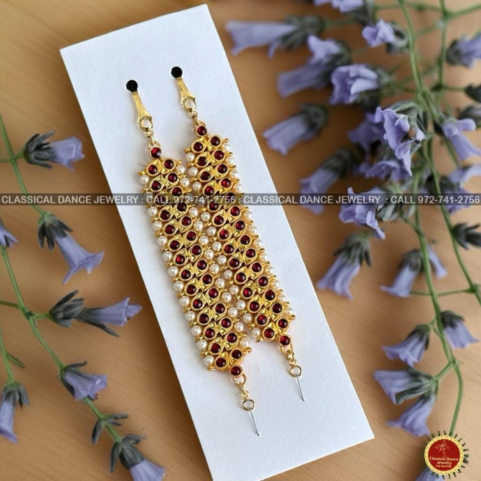 Classical Dance Jewelry Red Kempu Temple Indian Jewelry Traditional Mattilu | Ear Chains | Bharatnatyam Kuchipudi Engagement Wedding party | Classical Dance Jewelry