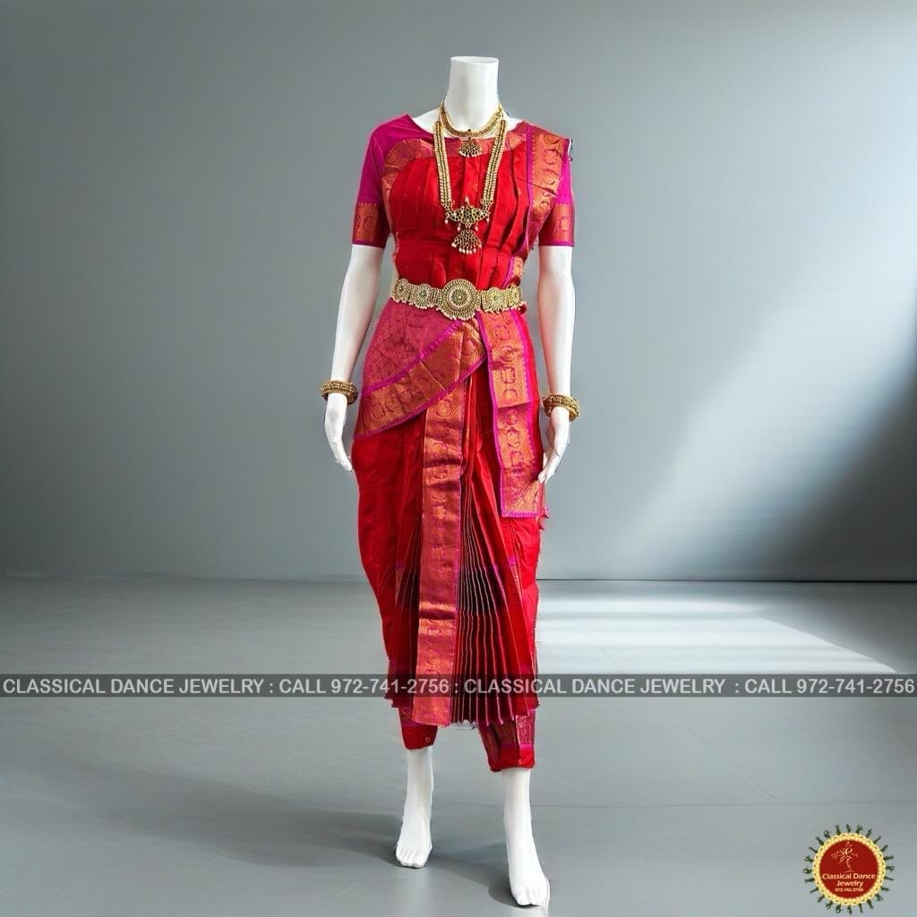Classical Dance Jewelry RED PINK 40 inchs Pant Length Kuchipudi Indian Copper Zari Dance Costume | Art silk Dharmavaram Kanchi | Classical Dance Jewelry
