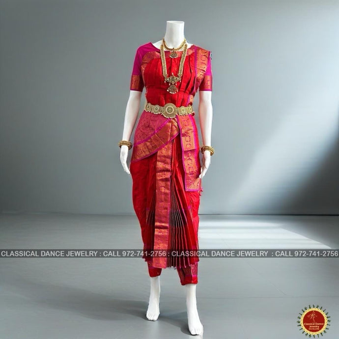 Classical Dance Jewelry RED PINK 40 inchs Pant Length Kuchipudi Indian Copper Zari Dance Costume | Art silk Dharmavaram Kanchi | Classical Dance Jewelry