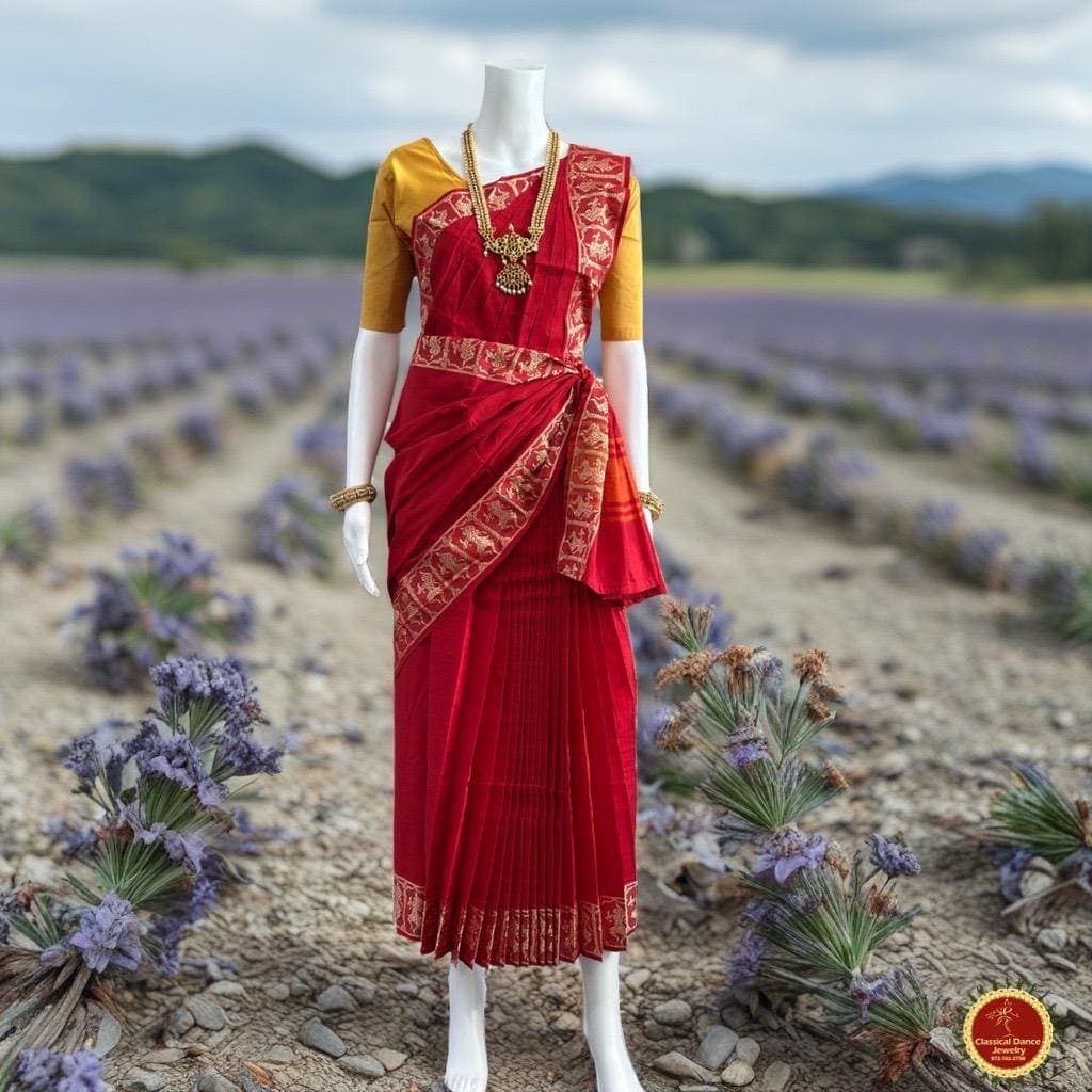 Classical Dance Jewelry RED Pre-stitched Practice Sari YELLOW Blouse | Half Saree Kalakshethra Sari | Bharatnatyam Kuchipudi Folk | Classical Dance Jewelry