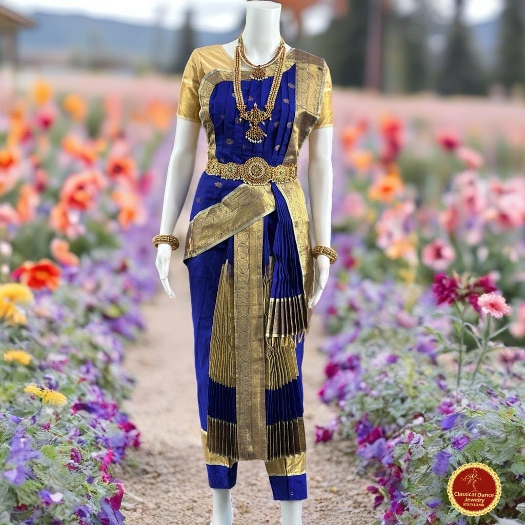 Classical Dance Jewelry ROYAL BLUE 36 inchs Pant Length KUCHIPUDI Gold Zari Indian Dance Costume | Art silk Dharmavaram Kanchi | Classical Dance Jewelry