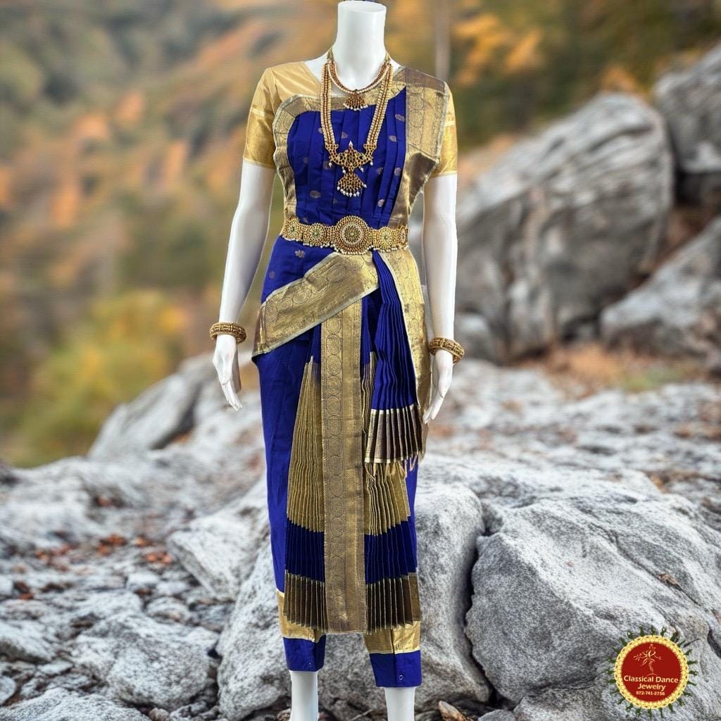 Classical Dance Jewelry Royal BLUE IVORY GOLD 40 inchs Pant Length Kuchipudi Indian Gold Zari Dance Costume | Art silk Dharmavaram Kanchi | Classical Dance Jewelry
