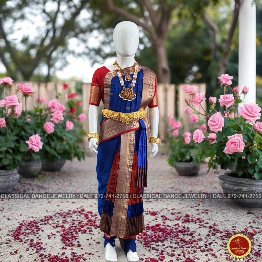 Classical Dance Jewelry ROYAL BLUE RED 30 Inch Pant Length Kuchipudi Gold Zari Dance Costume | Art silk Dharmavaram Kanchi | Classical Dance Jewelry