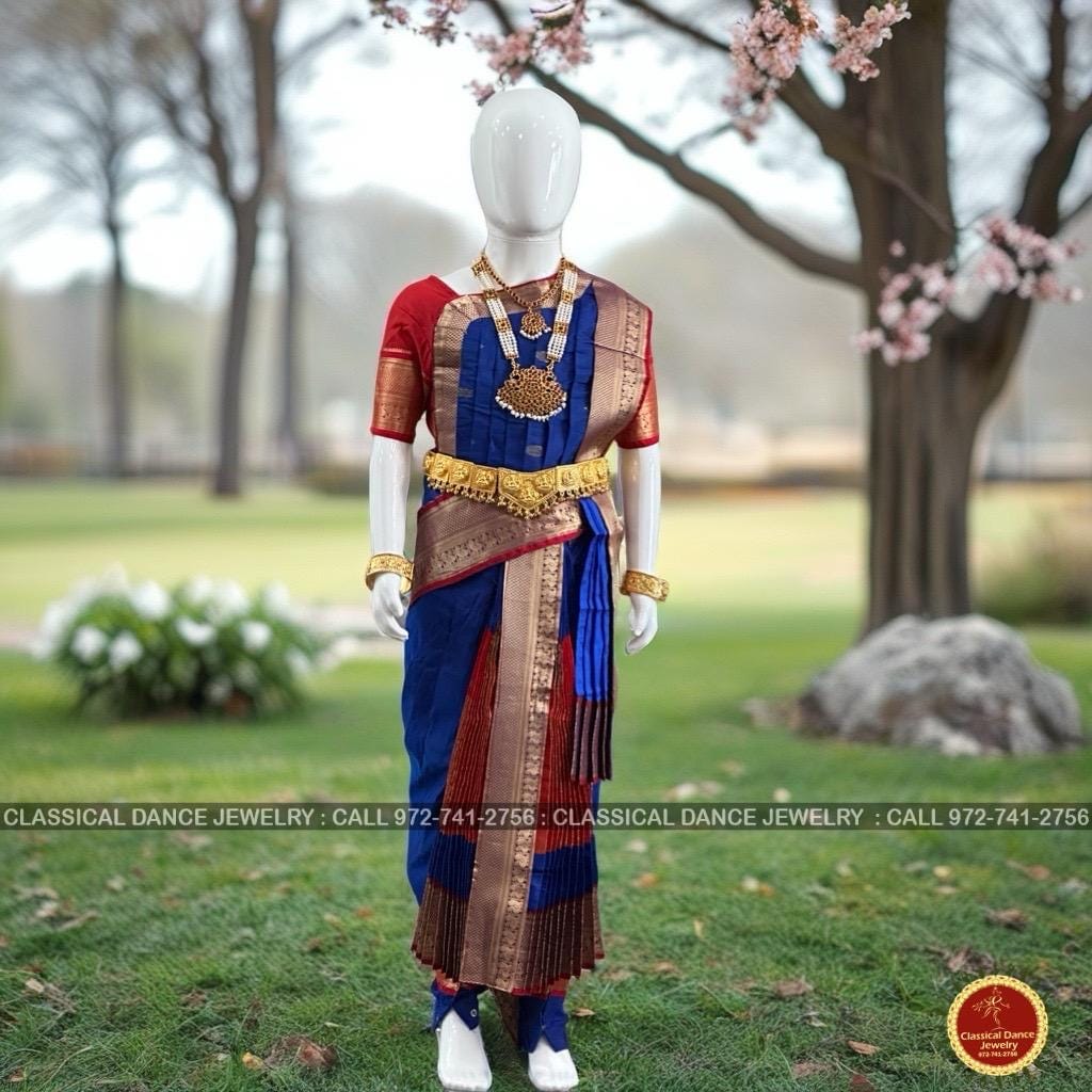 Classical Dance Jewelry ROYAL BLUE RED 32 inchs Pant Length Kuchipudi Gold Zari Indian Dance Costume | Art silk Dharmavaram Kanchi | Classical Dance Jewelry