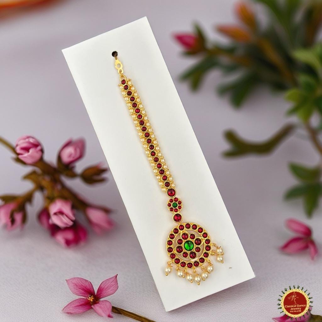 Classical Dance Jewelry Simple Round Tikka Kemp temple Indian jewelry | Bharatnatyam, Kuchipudi, Engagement, Weddings, Birthdays | Classical Dance Jewelry
