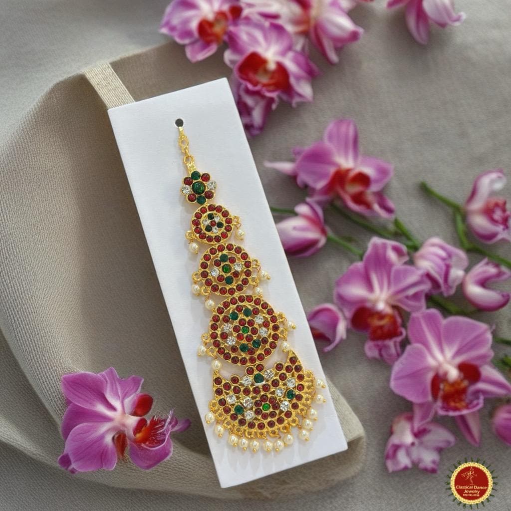 Classical Dance Jewelry TIKKA | HEADSETS 5 Step Tikka Kemp temple Indian Jewelry white Stone | Bharatnatyam, Kuchipudi, Engagement, Weddings, Birthdays | Classical Dance Jewelry