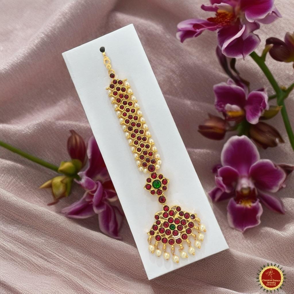 Classical Dance Jewelry TIKKA/HEADSETS Jhumar Tikka Kemp temple Indian jewelry | Kempu Pearls | Bharatnatyam, Kuchipudi, Engagement, Weddings | Classical Dance Jewelry