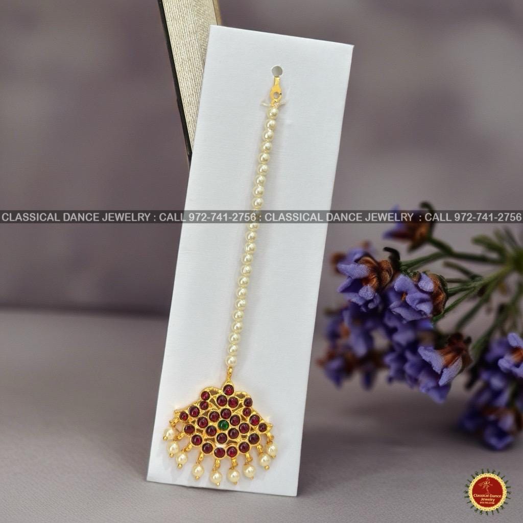Classical Dance Jewelry TIKKA | HEADSETS Pearls Jhumar Tikka Kemp temple Indian jewelry | Bharatnatyam, Kuchipudi, Engagement, Weddings, Birthdays | Classical Dance Jewelry