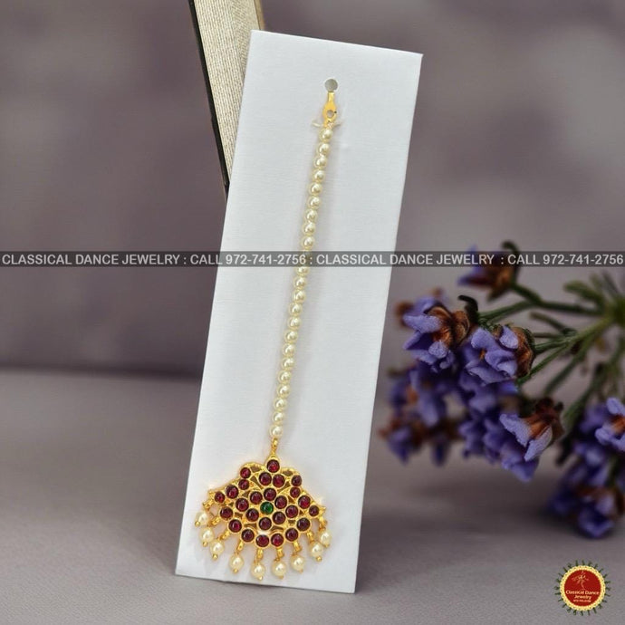 Classical Dance Jewelry TIKKA | HEADSETS Pearls Jhumar Tikka Kemp temple Indian jewelry | Bharatnatyam, Kuchipudi, Engagement, Weddings, Birthdays | Classical Dance Jewelry