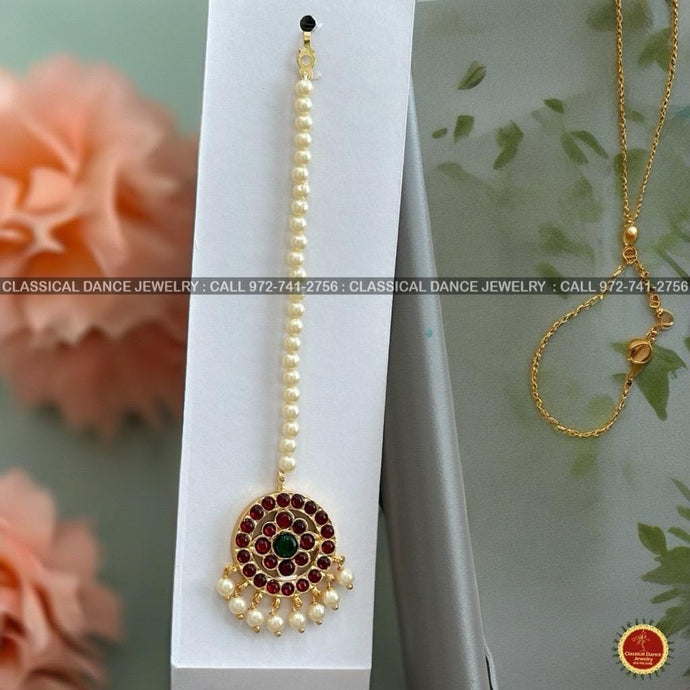 Classical Dance Jewelry TIKKA | HEADSETS Pearls Round Tikka Kemp temple Indian jewelry | Bharatnatyam, Kuchipudi, Engagement, Weddings, Birthdays | Classical Dance Jewelry