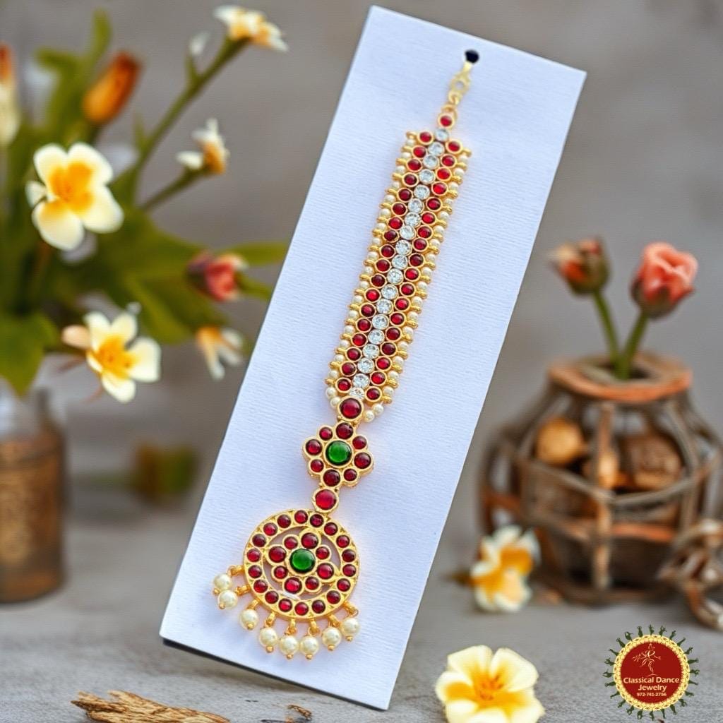 Classical Dance Jewelry TIKKA | HEADSETS Round Tikka Kemp temple Indian Jewelry | White Stone Pearls | Bharatnatyam Kuchipudi Engagement Weddings | Classical Dance Jewelry