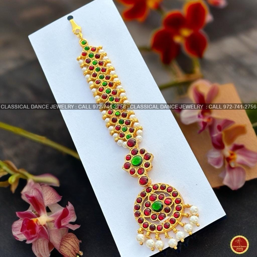 Classical Dance Jewelry Traditional Round Tikka Kempu Green Pearls Temple Indian Jewelry| Bharatnatyam Kuchipudi Engagement Weddings | Classical Dance Jewelry