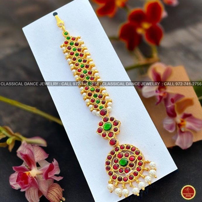 Classical Dance Jewelry Traditional Round Tikka Kempu Green Pearls Temple Indian Jewelry| Bharatnatyam Kuchipudi Engagement Weddings | Classical Dance Jewelry