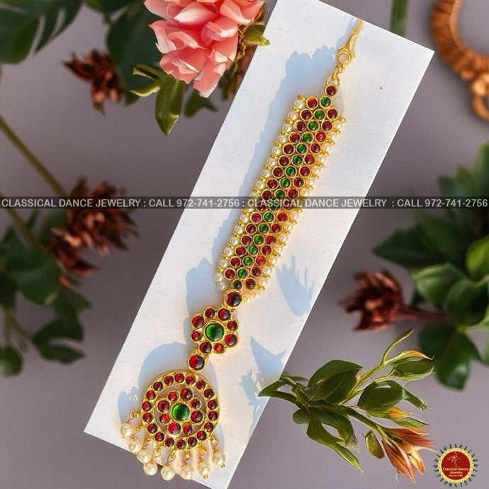 Classical Dance Jewelry Traditional Round Tikka Kempu Green Pearls Temple Indian Jewelry | Bharatnatyam Kuchipudi Engagement Weddings | Classical Dance Jewelry