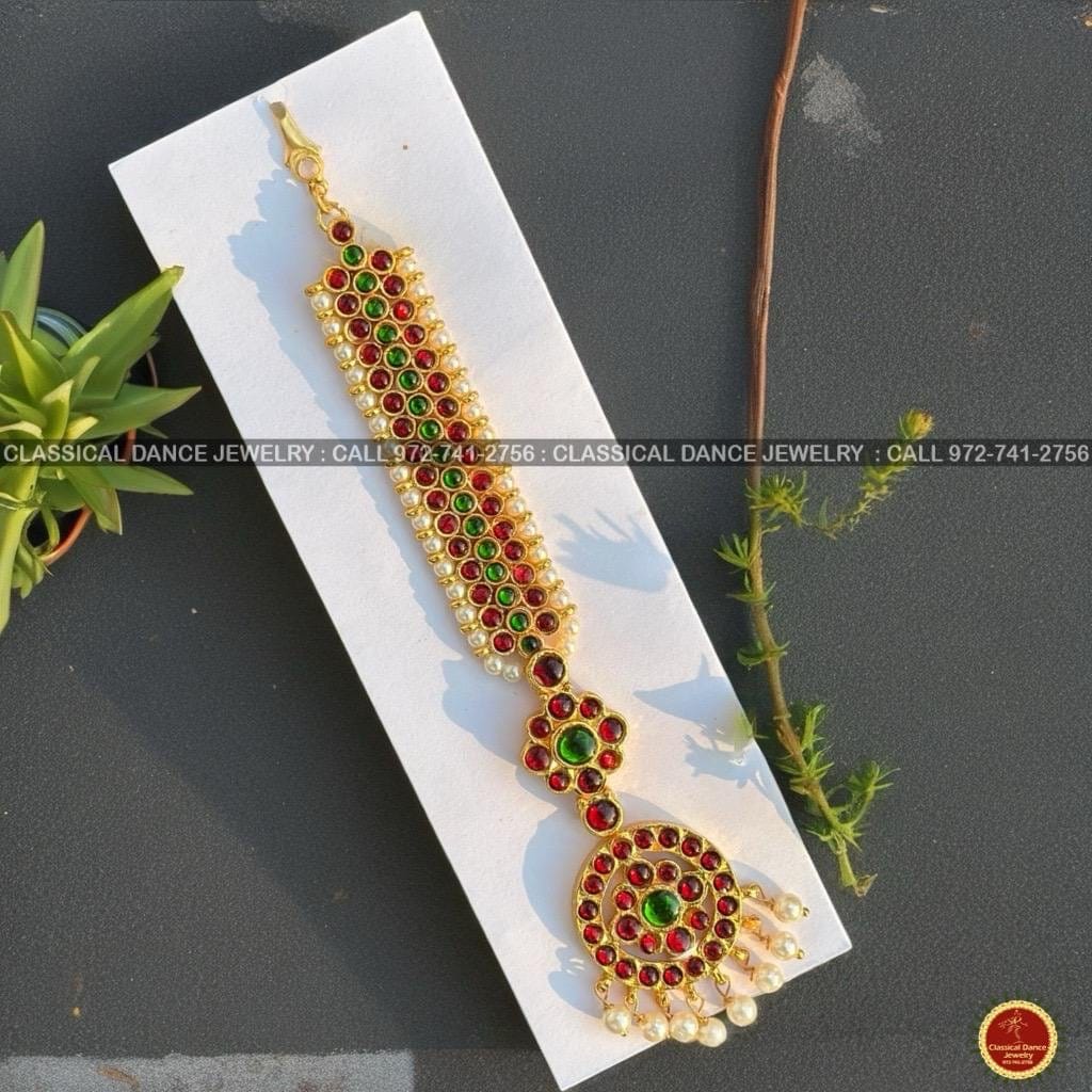 Classical Dance Jewelry Traditional Round Tikka Kempu Green Pearls Temple Indian Jewelry | Bharatnatyam Kuchipudi Engagement Weddings | Classical Dance Jewelry
