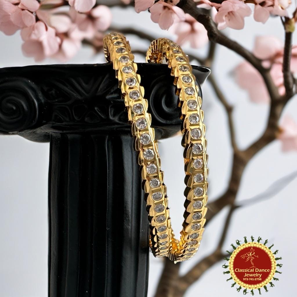 Classical Dance Jewelry WHITE STONE Pair LEAF Bangles Temple Indian Traditional Jewelry | Bharatanatyam Kuchipudi Parties Wedding Birthday | Classical Dance Jewelry
