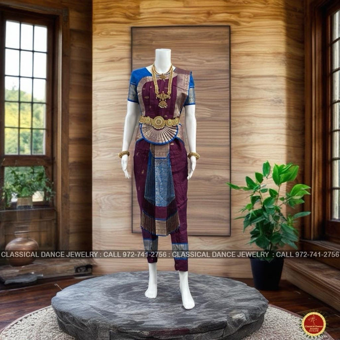 Classical Dance Jewelry WINE BROWN BLUE 34 inch Pant Length Bharatanatyam Gold Zari Dance Costume | Art silk, Dharmavaram Kanchi | Classical Dance Jewelry