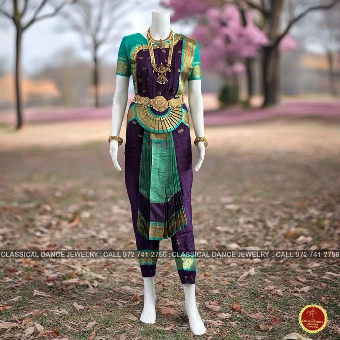 Classical Dance Jewelry Wine PURPLE REXONA GREEN 34 inch Pant Length Bharatanatyam Gold Zari Dance Costume | Art silk, Dharmavaram Kanchi | Classical Dance Jewelry